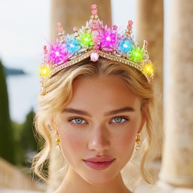 Brishow Light Up Fantasy Rhinestone Gold Crowns,Bridal Wedding Tiaras,Queen Headpiece Jewelry for Women - Image 3